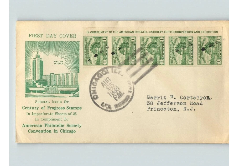 CHICAGO Century of Progress, American Philatelic Society, Imperf strip of 5 stam - Image 1 of 1