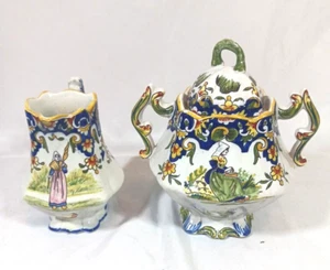 Antigua jarra crema y azucarero francés loza bretona para mujer - Imagen 1 de 15