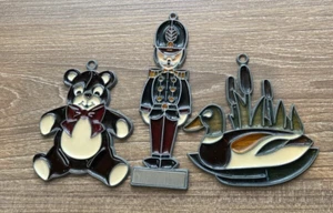 3 Vintage Sun Catcher Stained Glass Christmas Ornaments Soldier, Bear & Duck - Picture 1 of 6