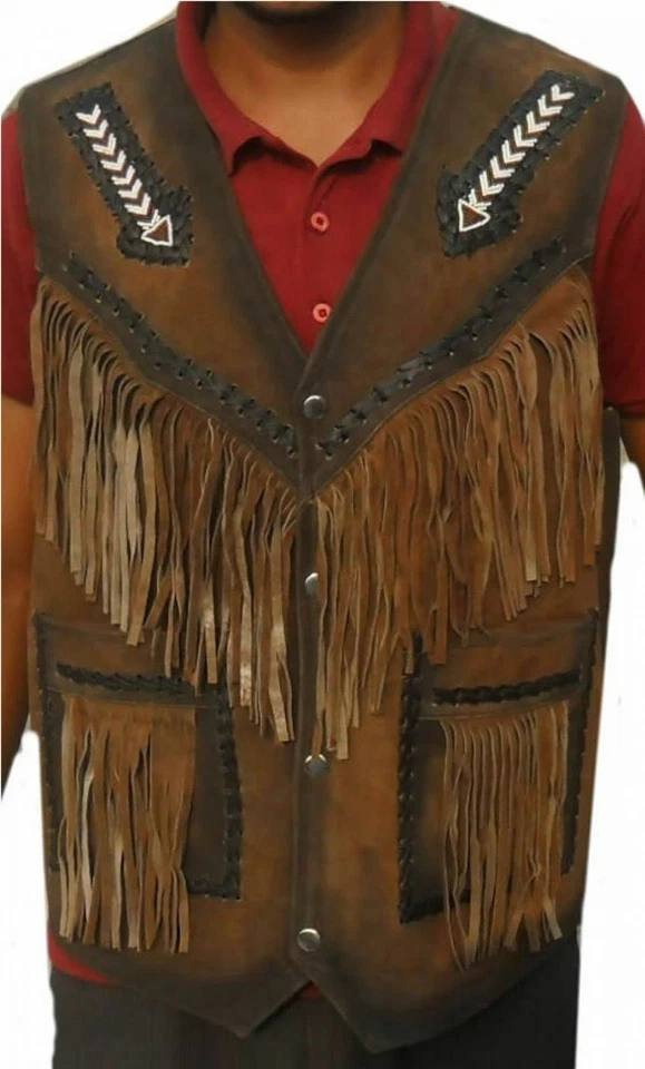 Men's Traditional Native Cowboy Western Suede Leather Vest Jacket Fringe & Beads - Image 1 of 3
