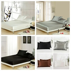 New Solid Color Silk Satin Fitted Sheet Set Queen King Size Bedding Pillowcase - Picture 1 of 31