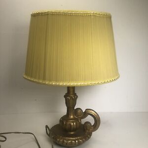 vintage candlestick table lamp yellow pleat fabric shade gold tone Wee Willy