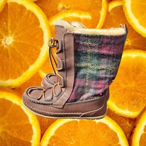 L.L.Bean Shearling Lined Moc Toe Plaid Wool Boots Lace Up Women's 7M - Picture 1 of 9