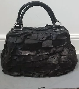 MIU MIU Made In Italy Black Leather Layer Tab Fringed Gathered Slouchy Tote Bag - Bild 1 von 12