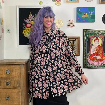 Vintage Dark Floral Maternity Top, 1990s Rayon Crepe Flower Print Blouse Sz M - Image 1 of 4