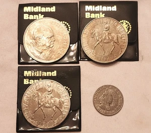 1965 Churchill Crown, 2 1977 Queen Elizabeth Jubilee Crowns, 1975 Mexico & Token - Picture 1 of 3