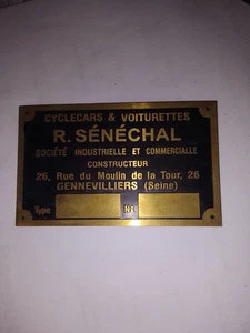 Messing Schild Typenschild R. Senechal Gennevilliers Cyclecars voiturettes S104 - Picture 1 of 1