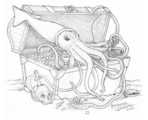 SQUID GUARDS TREASURE CHEST DRAWING PHOENIX & ARABETH SEA CREATURE ART PRINT - Picture 1 of 1