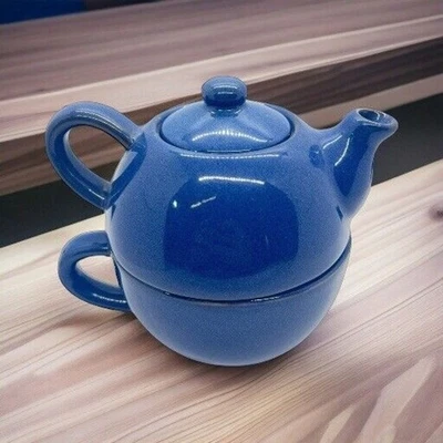 Blue PIER 1 Stoneware Teapot W/Mug Set ~ Stackable 3 Piece Set - Image 1 of 4