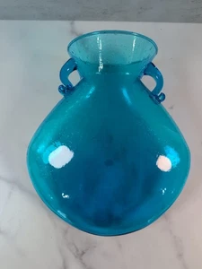 Hellblaue mundgeblasene Bubble Glas 8" hängende Vase mit Griffen - Bild 1 von 5