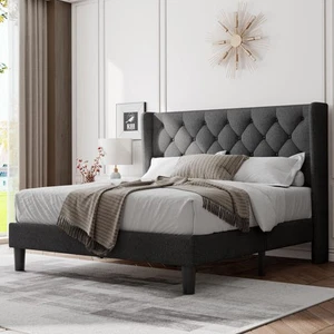 Feonase Full Size Bed Frame with Upholstered Wingback Headboard Platform Bed - Picture 1 of 7