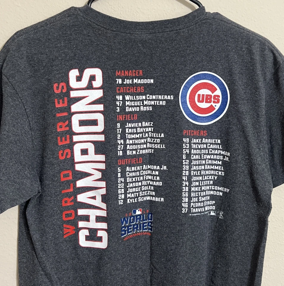 Chicago Cubs 2016 World Series Champions TShirt Sz M Gray Back Lineup Roster WOW - Image 1 of 4