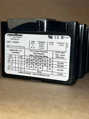 Marathon 1403401 Terminal Block 3 Pole 600V 175A *NEW* - Image 1 of 2