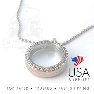 Crystal Round Floating Charm Memory Locket Necklace With Chain 30mm - Picture 1 of 2