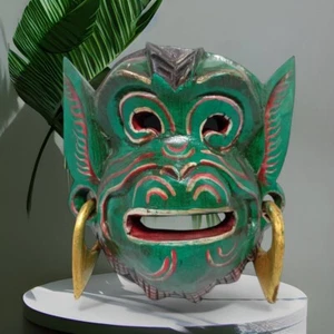 Monkey Green Balinese Indonesian Wood Mask Hand Carved Wall Art Decoration - Picture 1 of 20