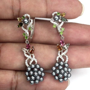 925 Sterling Silver Earrings Marquise Tourmaline Pearl Natural Gemstone Jewelry - Picture 1 of 10