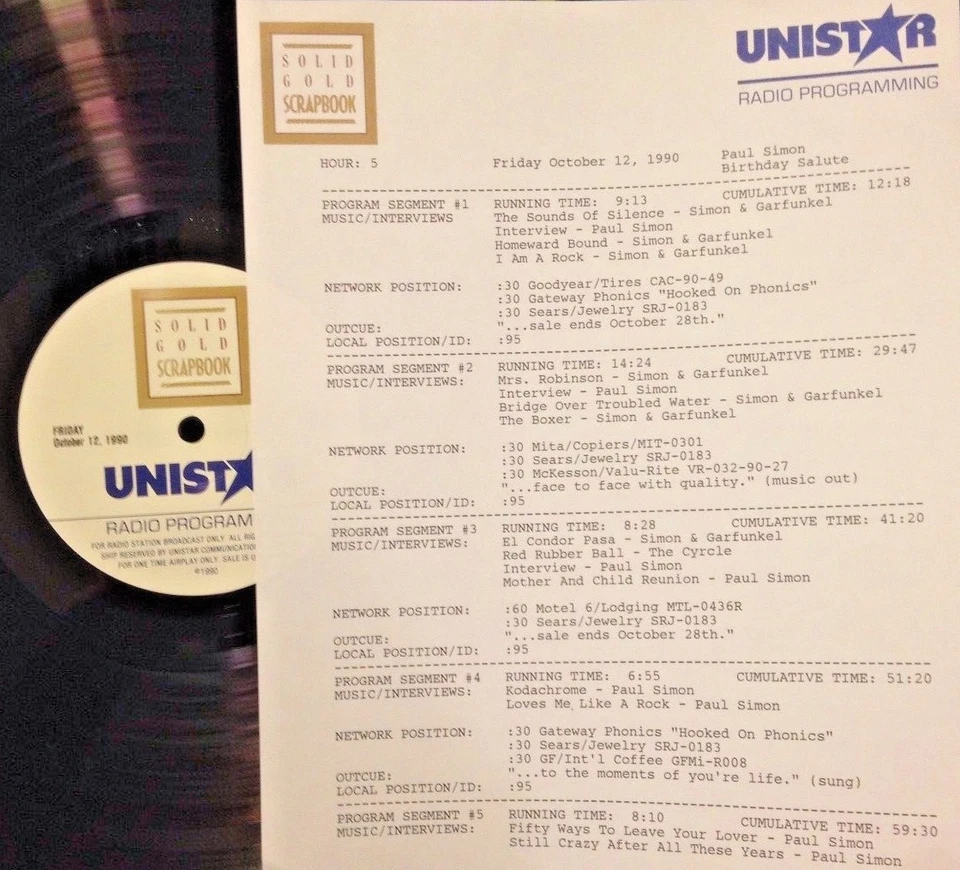 RADIO SHOW:10/12/90 PAUL SIMON BIRTHDAY w/3 PAUL SIMON INTERVIEWS & 12 HITS - Image 1 of 1