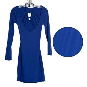 Lush Ribbed Knit Royal Blue Cutout Tie Neck Bodycon Dress Size S NWT - Bild 1 von 10