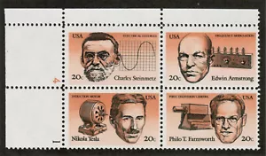 US USA Sc# 2058a MNH FVF PLATE# BLOCK Inventors Steinmetz Armstrong Tesla - Picture 1 of 1