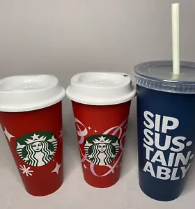 Menge 3 Starbucks Wiederverwendbare Tassen - 16 Unzen Weihnachten Urlaub 24 Unzen Schluck nachhaltig - Bild 1 von 8