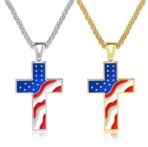 Stainless Steel American Flag Patriotic Cross Pendant Necklace Chain July 4th - Picture 1 of 10