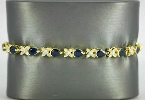 9.60Ct Pear Cut Simulated Blue Sapphire  Bracelet 925 Silver Gold Plated  - Picture 1 of 6