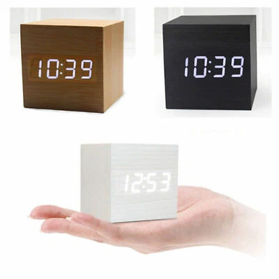 GCSUPERMARKET Cubo USB Cuadrado Digital LED Reloj Despertador Madera Calendario Termómetro Decoración del Hogar