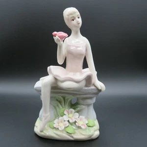 Vintage Ceramic Figurine of Young Ballerina on Bench with Applied Flowers 6" - Picture 1 of 11