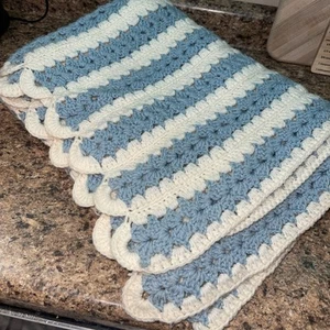 Blue And White Crochet afghan Knit Blanket 64x44” - Picture 1 of 2