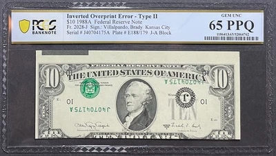 $10 1988A FRN Kansas City - Inverted Overprint Error Note "Type 2" - PCGS 65 PPQ - Image 1 of 2