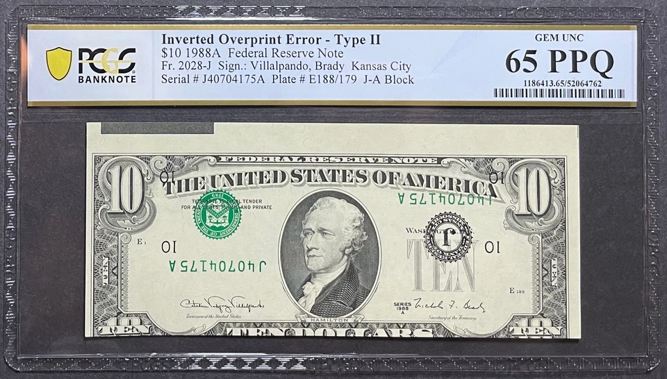$10 1988A FRN Kansas City - Inverted Overprint Error Note "Type 2" - PCGS 65 PPQ - Image 1 of 2