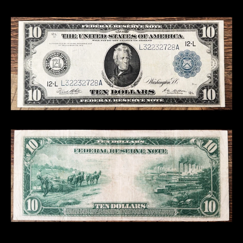 1914 $10 Federal Reserve Note Fr.951a San Francisco L-12 Blue Seal White-Mellon - Image 1 of 4