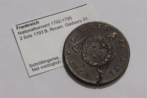🧭 🇫🇷 FRANKREICH 2 SOLS 1793 B ROUEN SEHR SELTENE SCHARFE DETAILS B86 #Z9368 - Bild 1 von 8