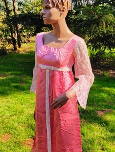 Vintage light Pink silk Handmade floral Lace Bell Sleeve Dress with velvet bow - Picture 1 of 8