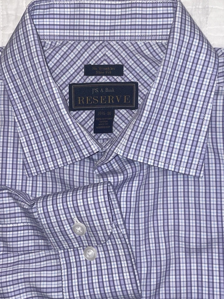 Jos A Bank RESERVA Para Hombres•16.5/36 Camisa Calce Ajustado Púrpura Cuadros Bolsillo Manga Larga Foto 1 de 4