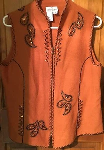 Coldwater Creek Vest Orange Beaded 100% Wool Vest Medium Zipper Front Detailed - Picture 1 of 5