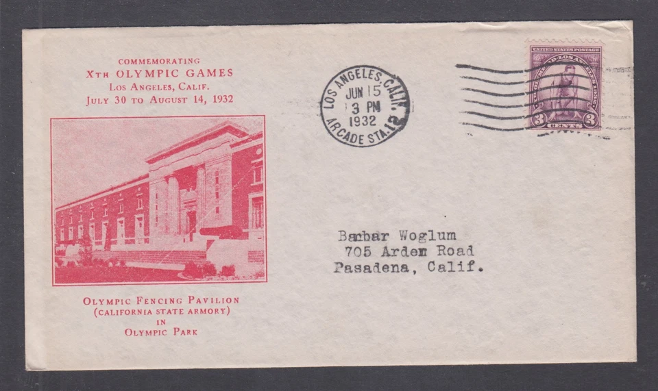 US Mel 718-11 FDC. 1932 3c Olympics, F. Rice cachet, Olympic Fencing Pavilion - Image 1 of 1