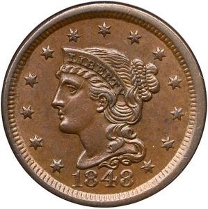 1848 N-12 R-1 ANACS AU 58 Braided Hair Large Cent Coin 1c - Picture 1 of 3