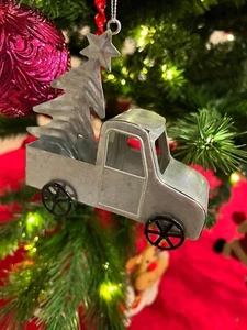 Galvanized Metal Farm Truck with Tree Christmas Ornament Holiday Farmhouse Gift - Picture 1 of 5