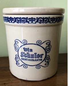 VINTAGE Win Schuler Restaurants Advertising STONEWARE Blue Cheese Crock W/Lid - Picture 1 of 5