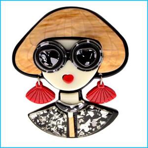 Modern Lady Pearl Shell Earrings Black Glasses Acrylic Lapel Brooch Pin Jewelry