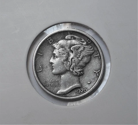 1920-d . Mercury Dime . AU . Almost Uncirculated . Original Cover