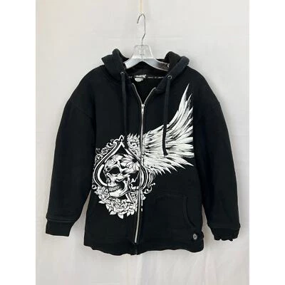 Goth Dark Streetwear Skater Funk Hoodie Large Black Full Zip Hooded Sweatshirt - Image 1 of 4