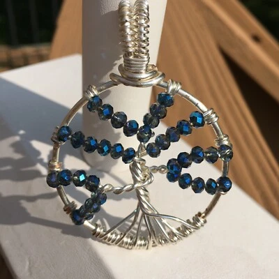 Wire Wrapped Silver Tone Blue Bead Tree Of Life Pendant Necklace Estate Jewelry - Image 1 of 4