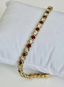 Vintage Simulated Ruby and Diamond Tennis Bracelet 925 Sterling Silver 7.5 In - Picture 1 of 8