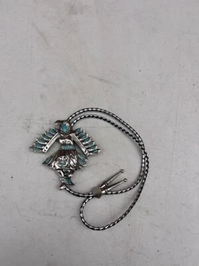 THUNDERBIRD Southwestern Native American Green and Blue Turquoise BOLO TIE Rope - Picture 1 of 6