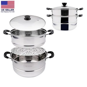 Stainless Steel Stackable Cookware 2 Tier Steamer Pot With Rack & Basket Tray US - Picture 1 of 14