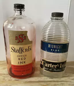 Botellas de tinta de vidrio grandes de colección de centavo medio mod oficina Carters Stafford azul rojo - Imagen 1 de 8
