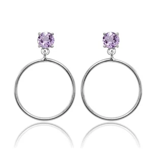 Sterling Silver 6mm Amethyst Dangling Round Hoop Stud Earrings - Picture 1 of 3
