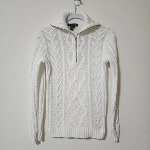 Lauren Ralph Lauren Cable Knit 1/4 Zip Sweater White Cotton Turtle Neck Size S - Picture 1 of 10